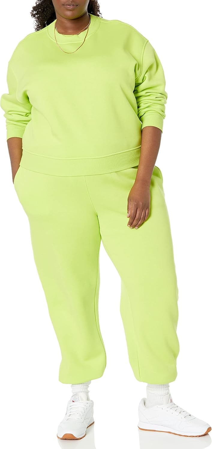image:imageAmazon Essentials Womens Cropped Drop Shoulder Long Sleeve Sweatshirt Available in Plus SizeLime Green