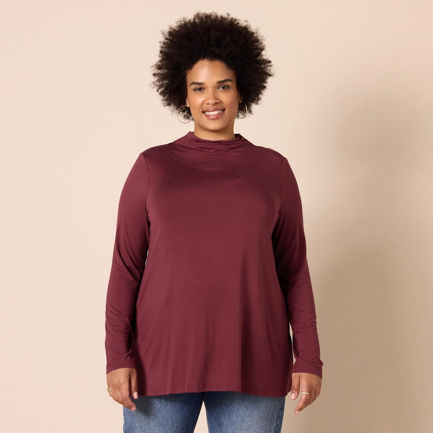 image:imageAmazon Essentials Womens Jersey LongSleeve Mock Neck Swing Tunic Top Relaxed Fit PulloverDark Burgundy