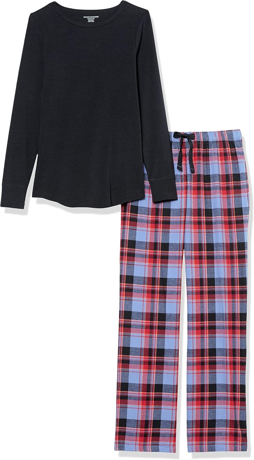 image:imageAmazon Essentials Womens Lightweight Soft Flannel Trouser and LongSleeve TShirt Sleep Set Lounge Bottoms Salmon PinkBlackBlue Mixed Tartan