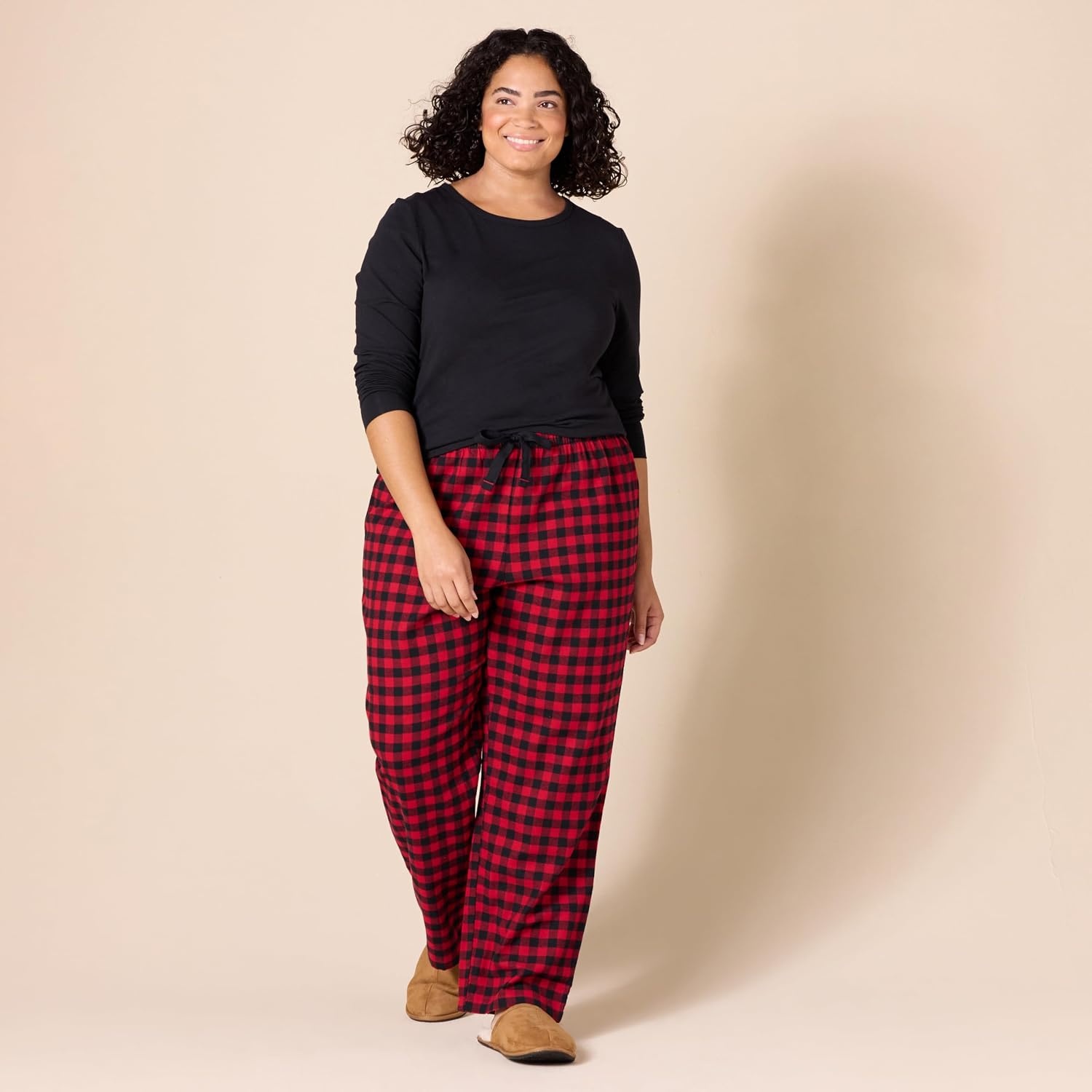 image:imageAmazon Essentials Womens Lightweight Soft Flannel Trouser and LongSleeve TShirt Sleep Set Lounge Bottoms Salmon PinkCherry RedBlack Classic Buffalo Plaid