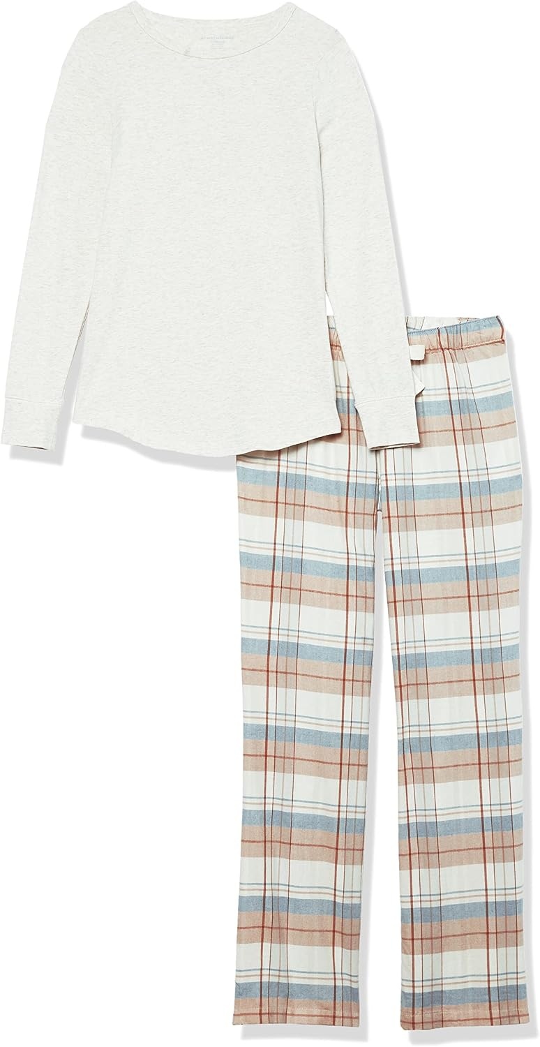 image:imageAmazon Essentials Womens Lightweight Soft Flannel Trouser and LongSleeve TShirt Sleep Set Lounge Bottoms Salmon PinkDusty Blue Mix PlaidOatmeal Heather
