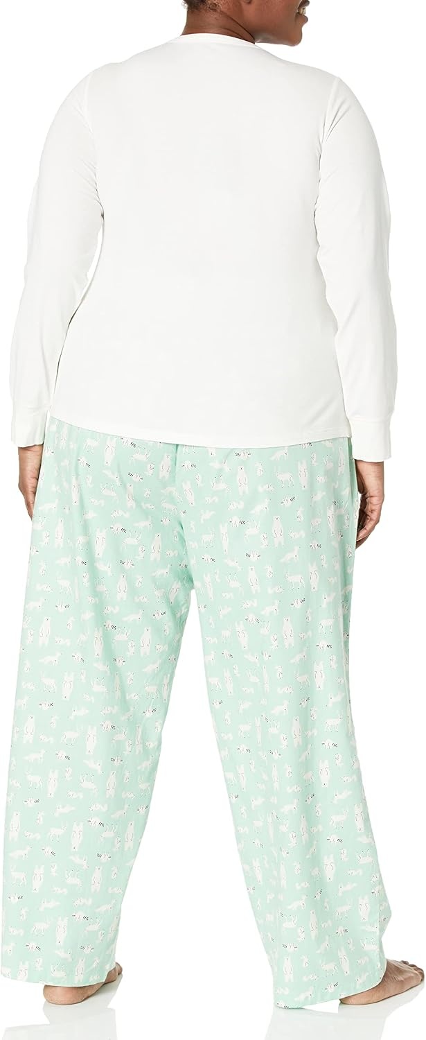 image:imageAmazon Essentials Womens Lightweight Soft Flannel Trouser and LongSleeve TShirt Sleep Set Lounge Bottoms Salmon PinkIvory Forest Animals