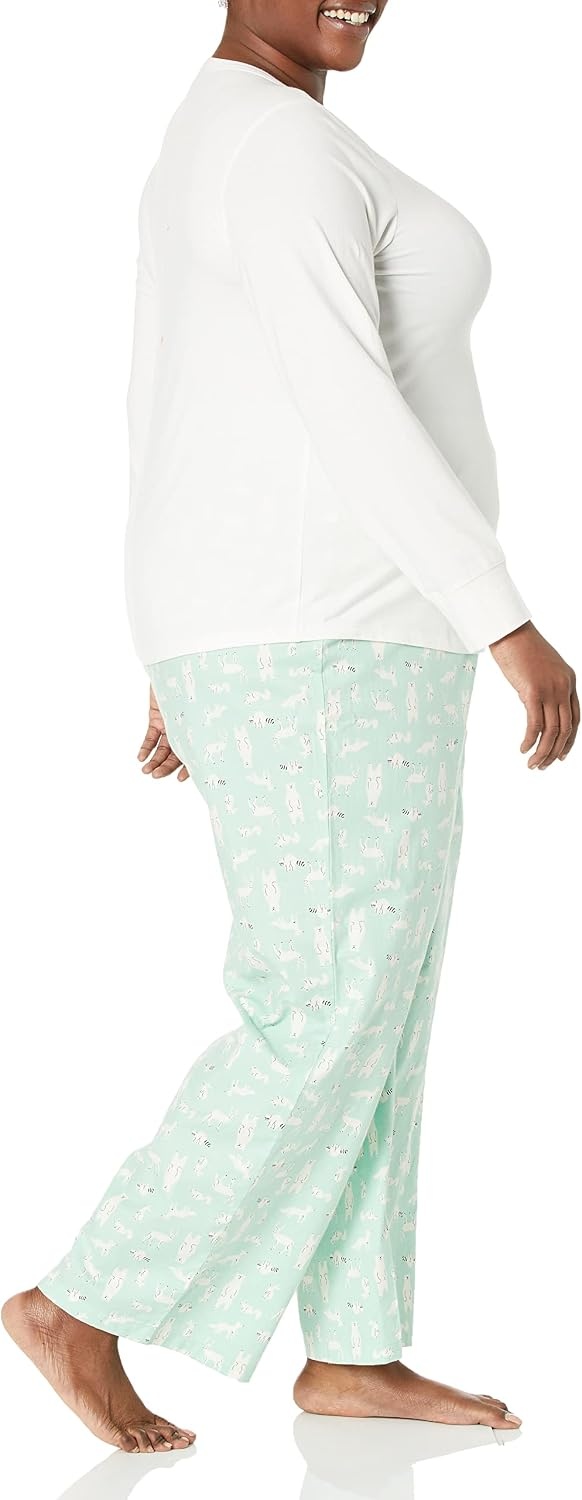 image:imageAmazon Essentials Womens Lightweight Soft Flannel Trouser and LongSleeve TShirt Sleep Set Lounge Bottoms Salmon PinkIvory Forest Animals