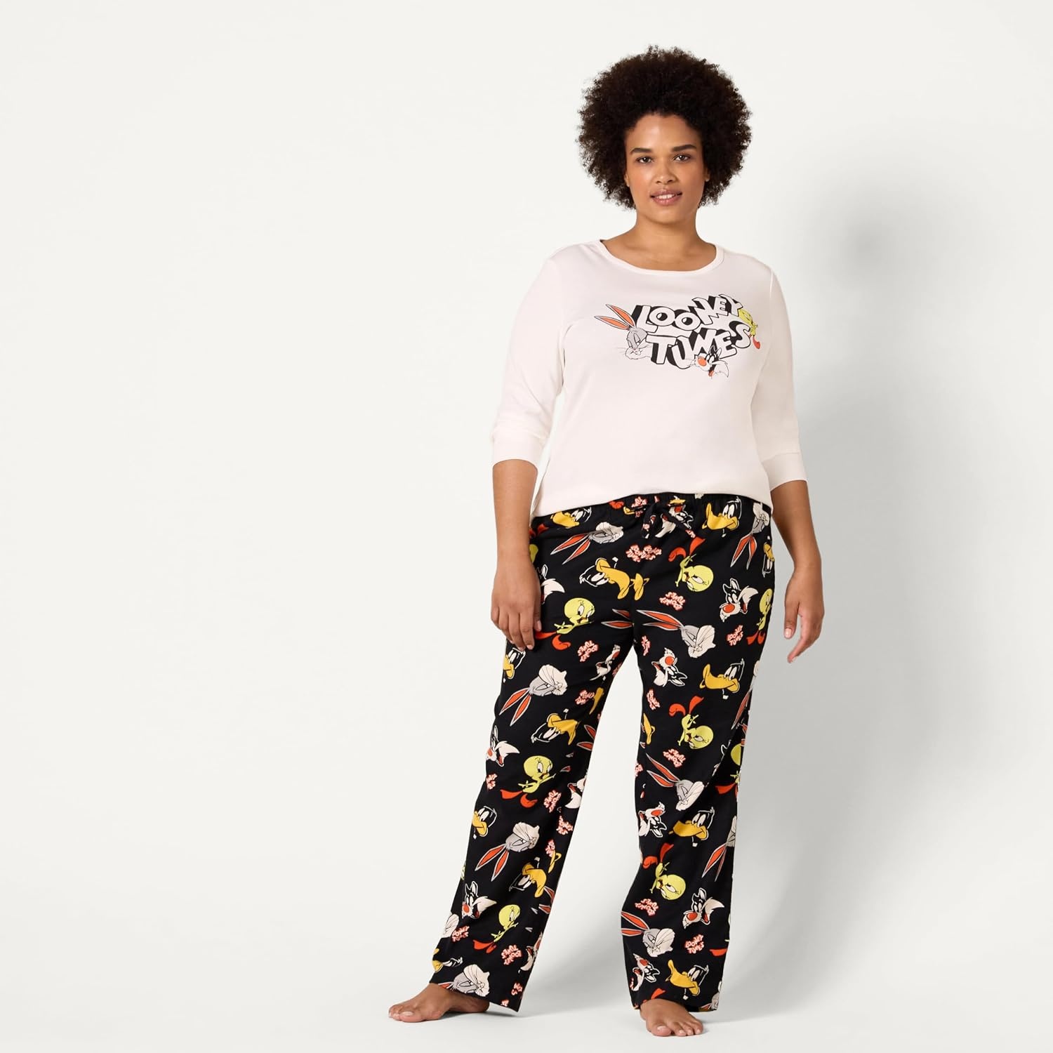 image:imageAmazon Essentials Womens Lightweight Soft Flannel Trouser and LongSleeve TShirt Sleep Set Lounge Bottoms Salmon PinkLooney Tunes Gang Womens