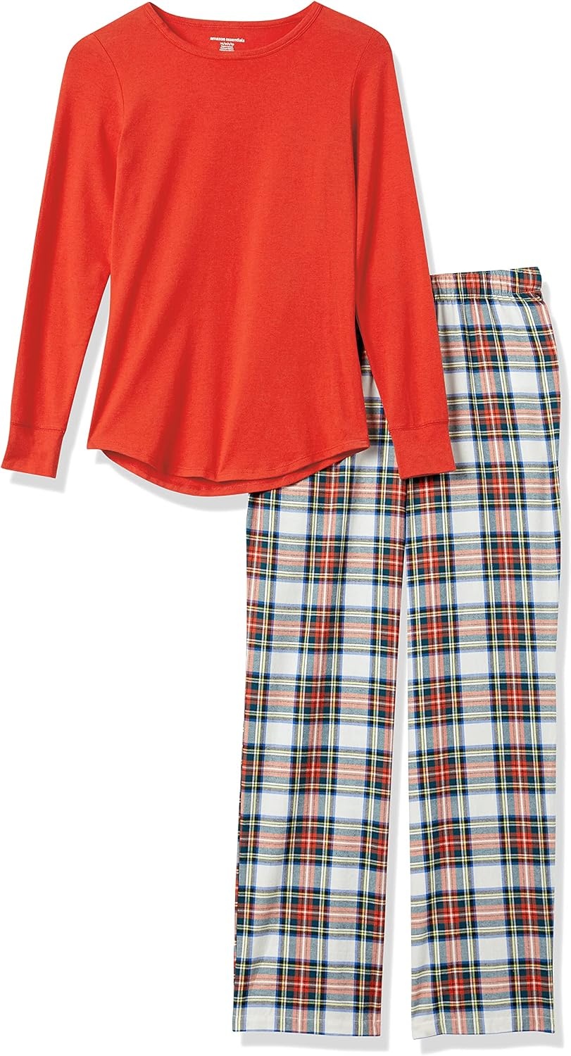 image:imageAmazon Essentials Womens Lightweight Soft Flannel Trouser and LongSleeve TShirt Sleep Set Lounge Bottoms Salmon PinkRed Multi Tartan