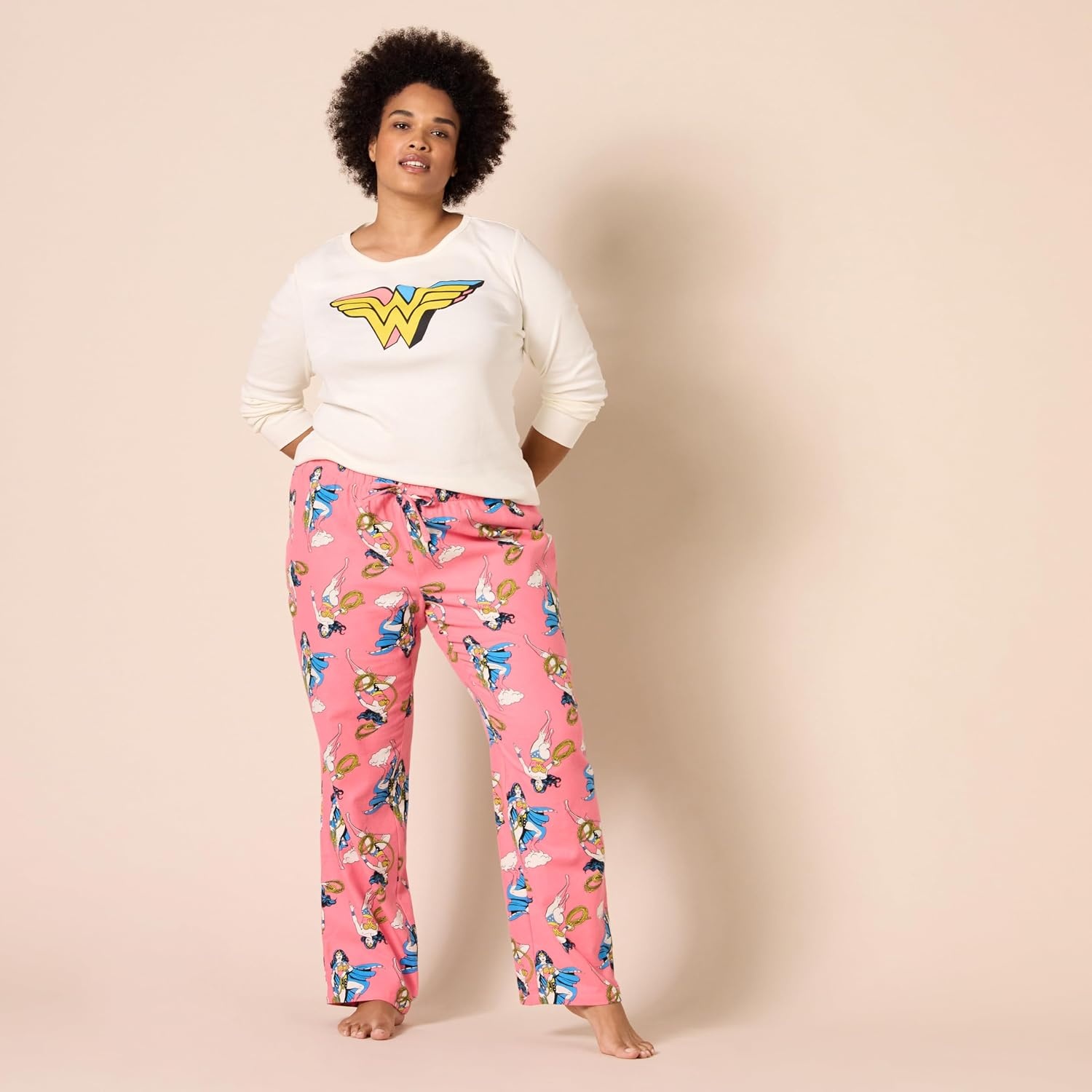 image:imageAmazon Essentials Womens Lightweight Soft Flannel Trouser and LongSleeve TShirt Sleep Set Lounge Bottoms Salmon PinkWonder Woman Poses Womens