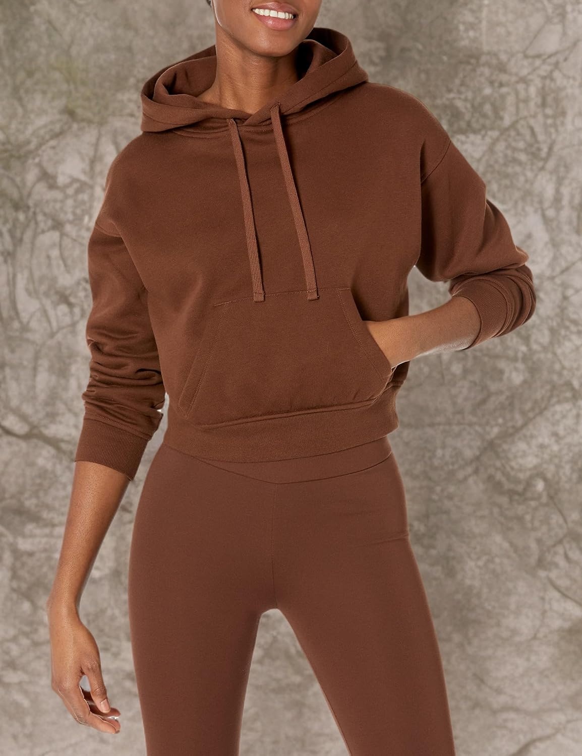 image:imageAmazon Essentials Womens Relaxed Fit Crop Pullover Hoodie Sweatshirt with Drawstring Soft Available in Plus SizeDeep Brown