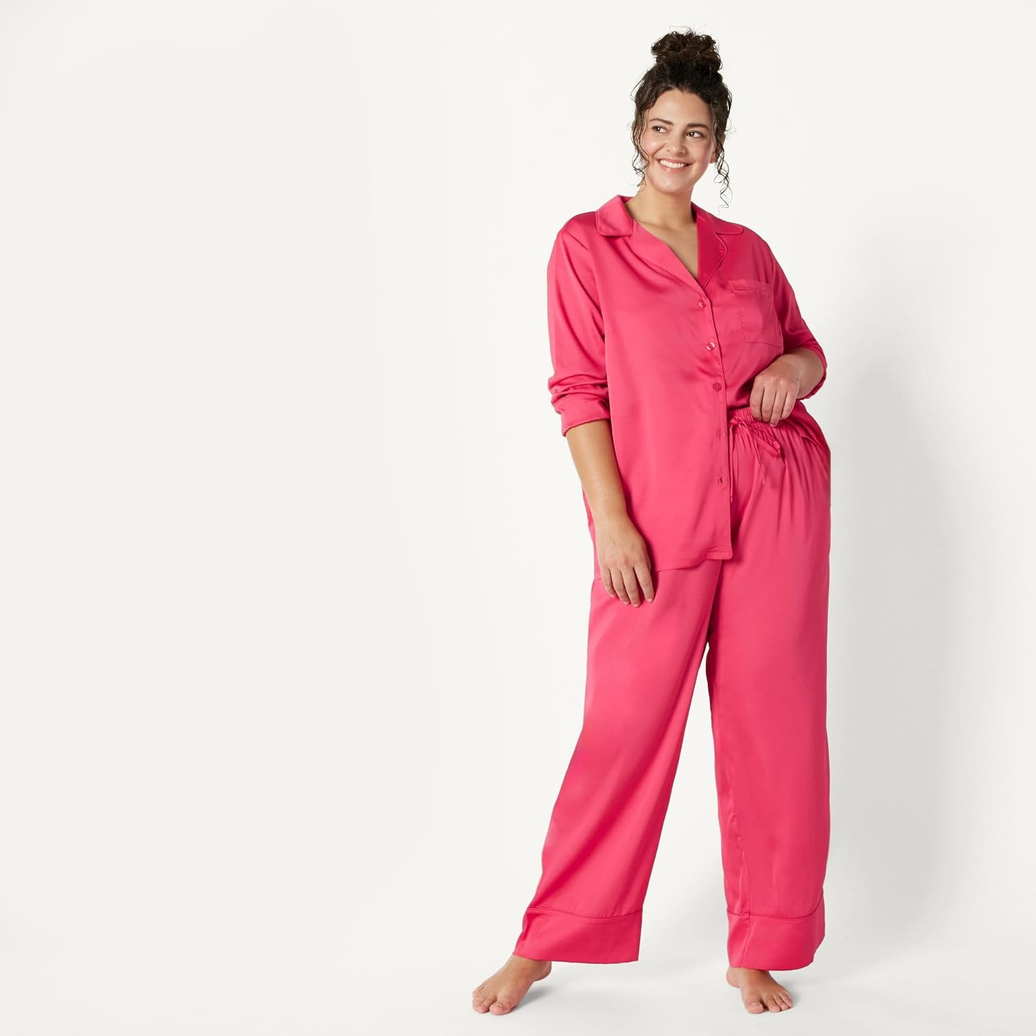 image:imageAmazon Essentials Womens Satin Long Sleeve Shirt and Pant Pajama SetHot Pink