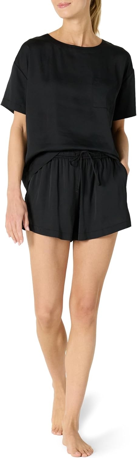 image:imageAmazon Essentials Womens Satin Pajama Top and Shorts SetBlack