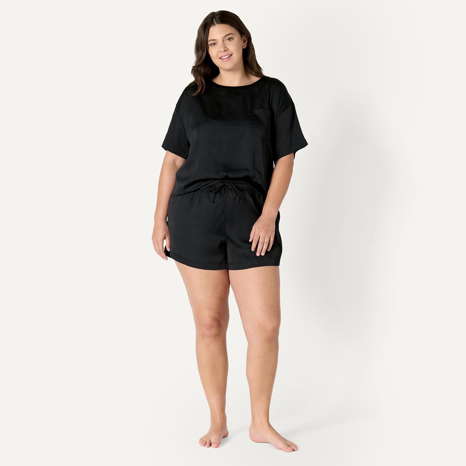 image:imageAmazon Essentials Womens Satin Pajama Top and Shorts SetBlack