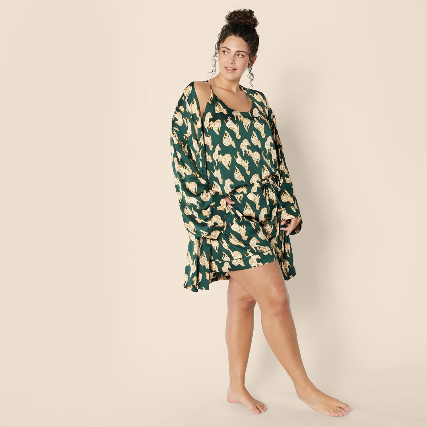 image:imageAmazon Essentials Womens Satin Pajama Top and Shorts SetDark Green Beige Zebras