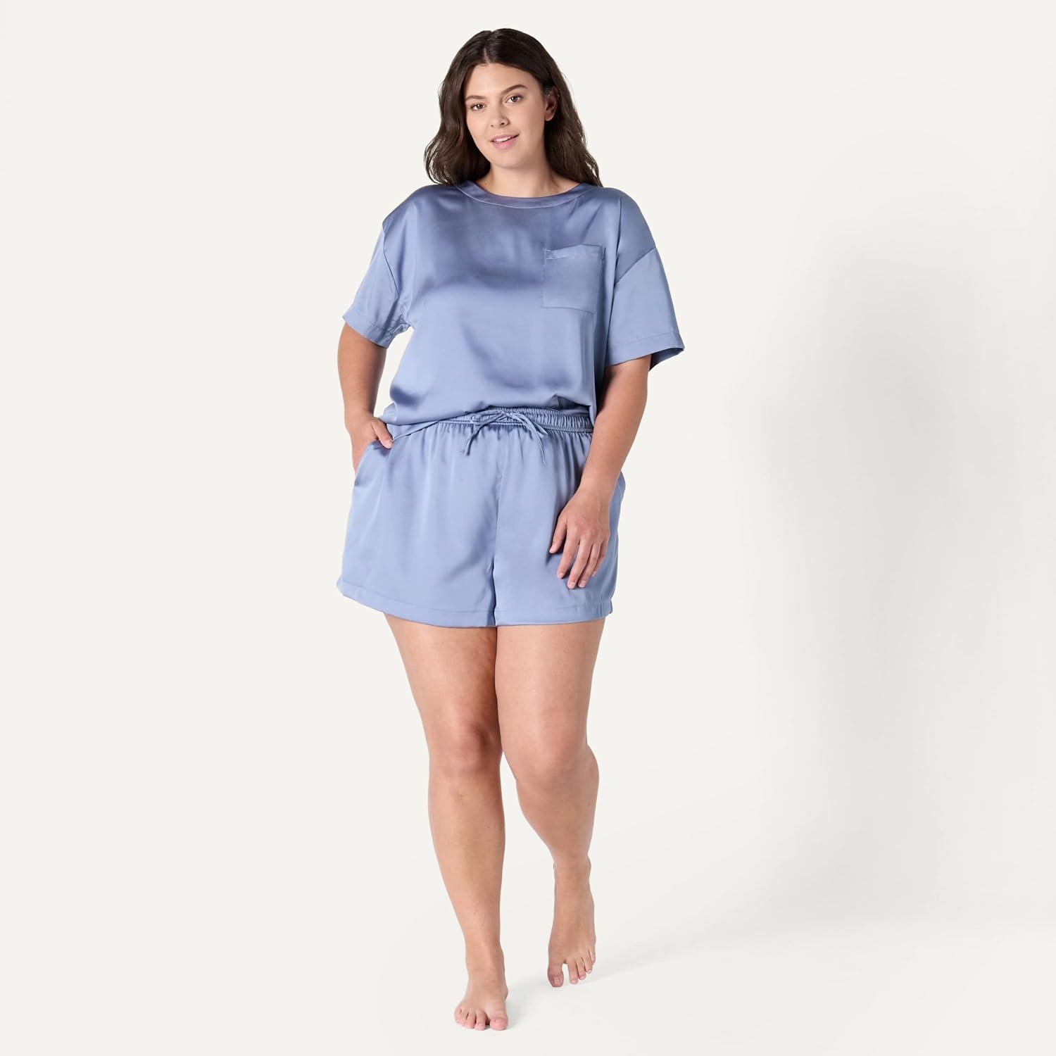 image:imageAmazon Essentials Womens Satin Pajama Top and Shorts SetDusty Blue