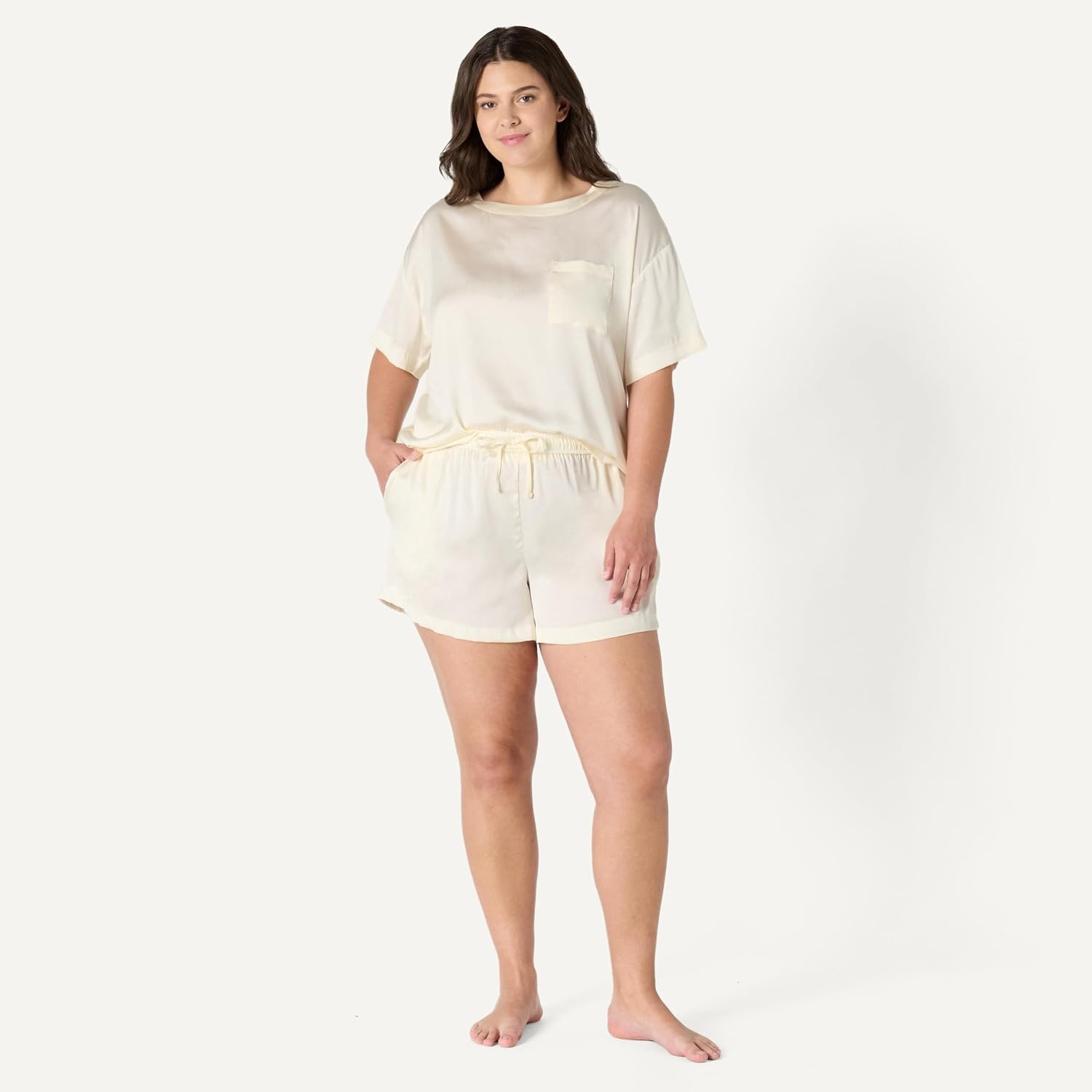 image:imageAmazon Essentials Womens Satin Pajama Top and Shorts SetIvory