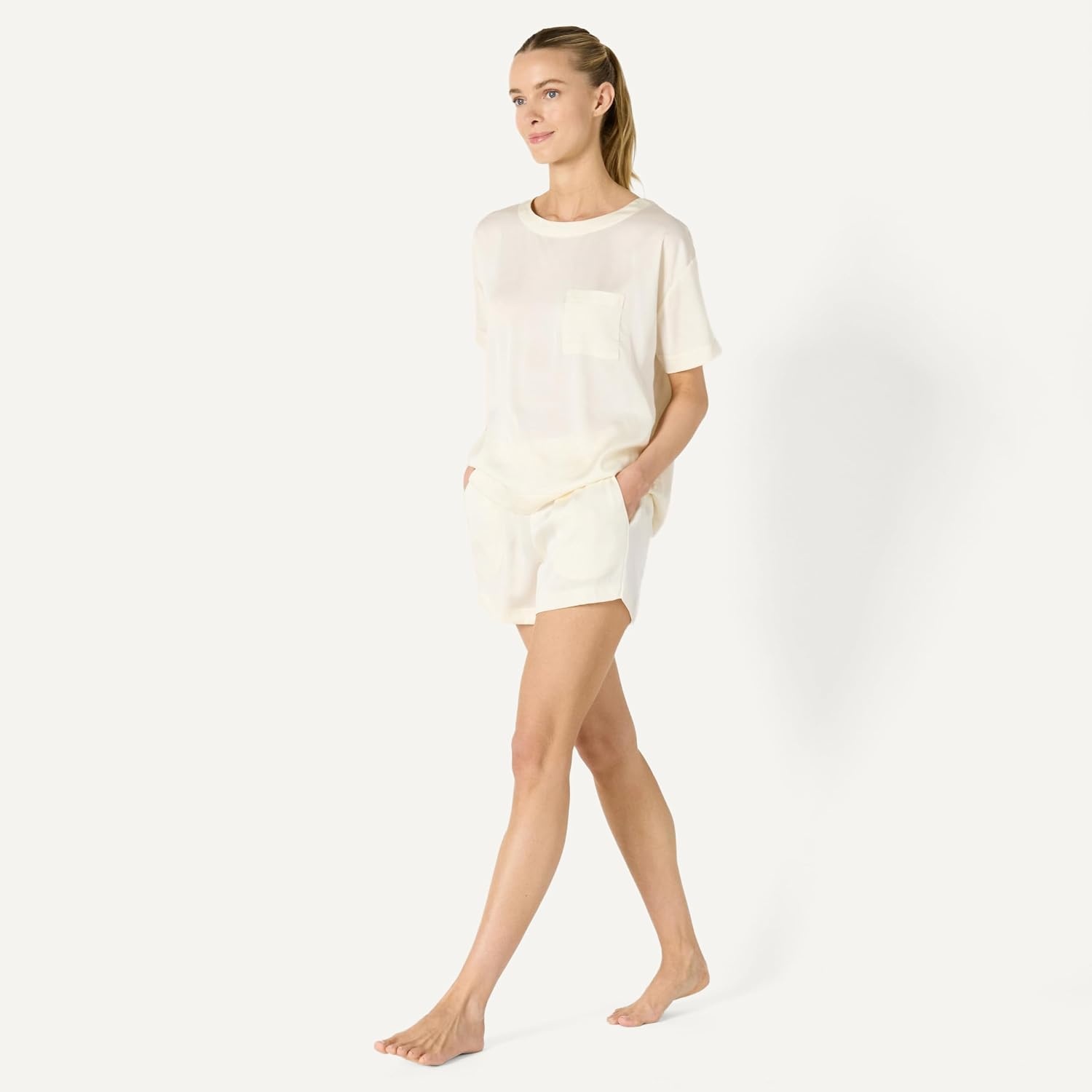 image:imageAmazon Essentials Womens Satin Pajama Top and Shorts SetIvory
