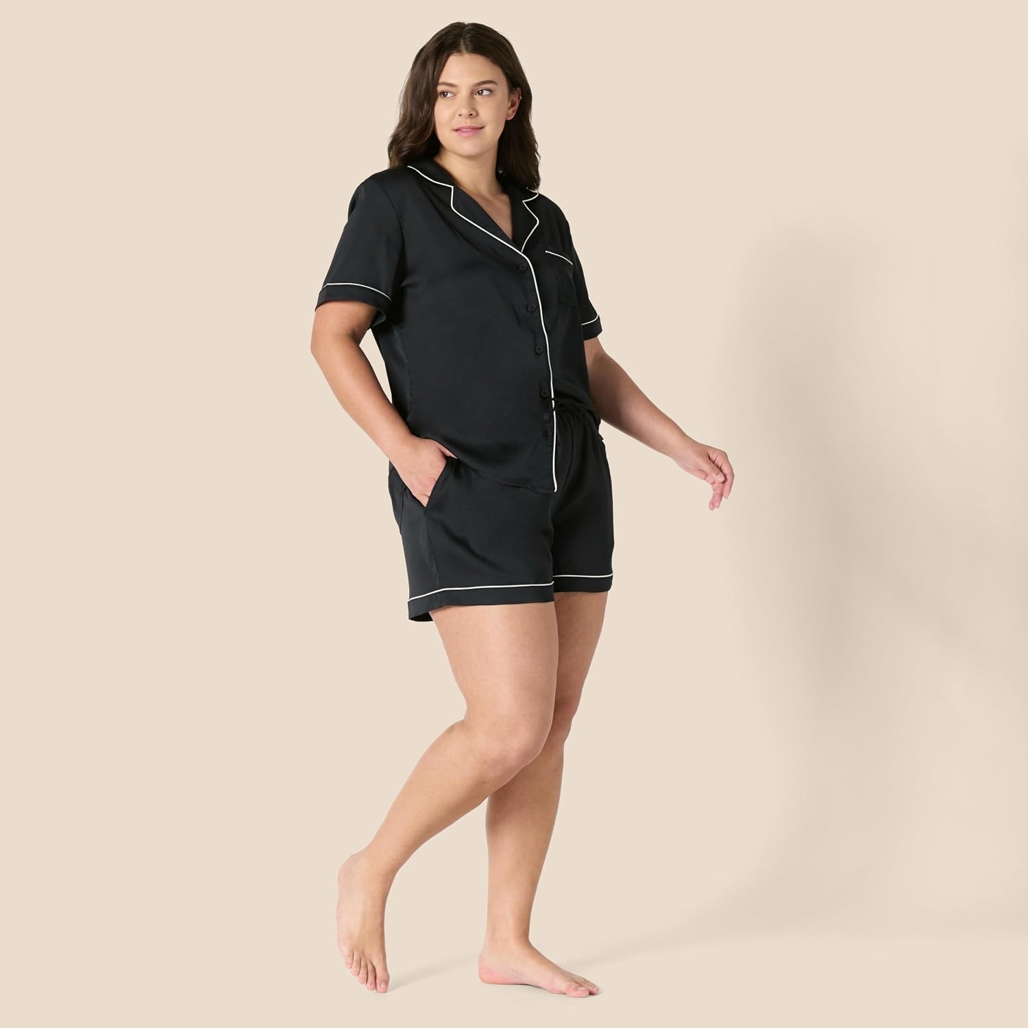 image:imageAmazon Essentials Womens Satin Short Sleeve ButtonDown Top and Short Sleepwear Pajama SetBlack