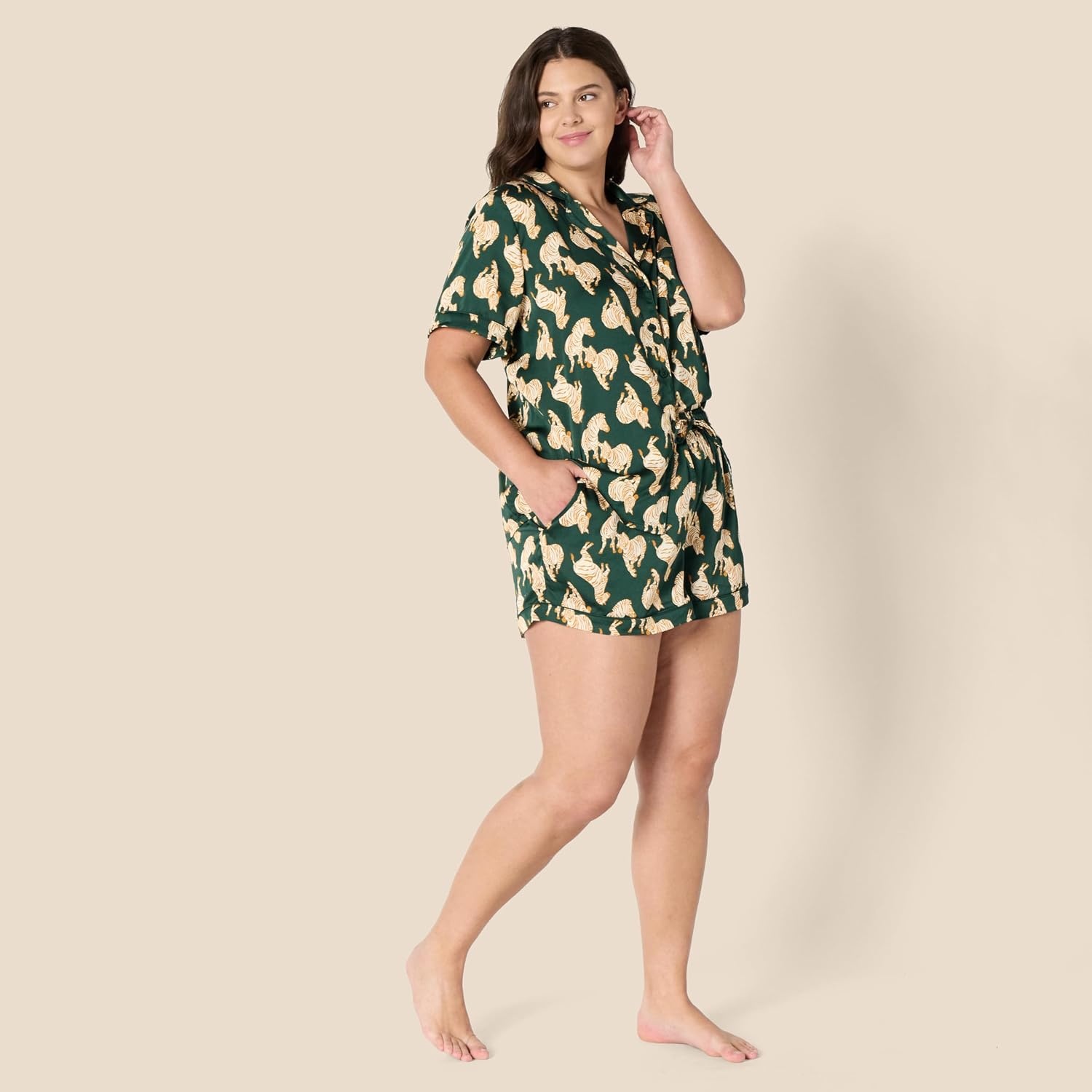 image:imageAmazon Essentials Womens Satin Short Sleeve ButtonDown Top and Short Sleepwear Pajama SetDark Green Beige Zebras