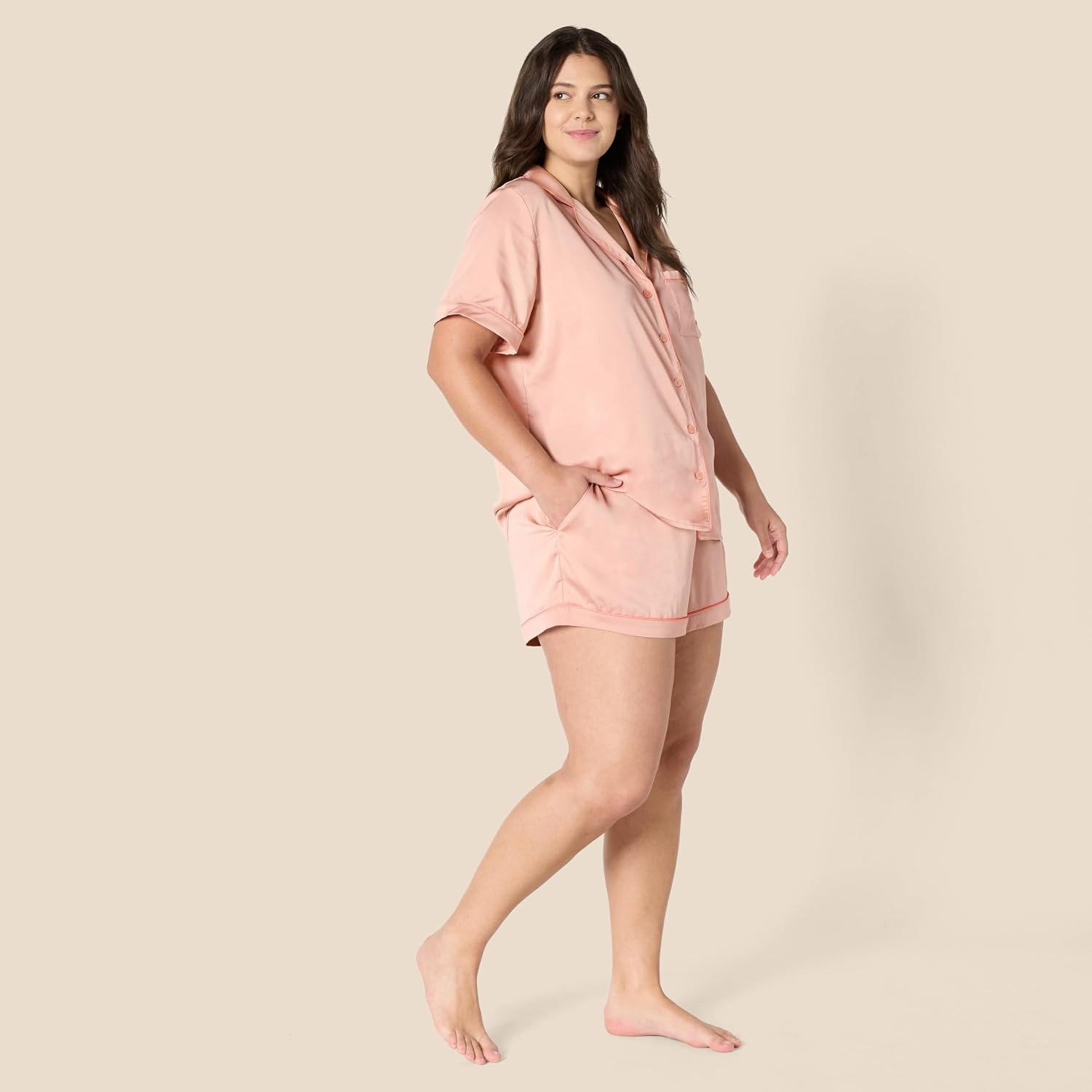 image:imageAmazon Essentials Womens Satin Short Sleeve ButtonDown Top and Short Sleepwear Pajama SetDusty Rose