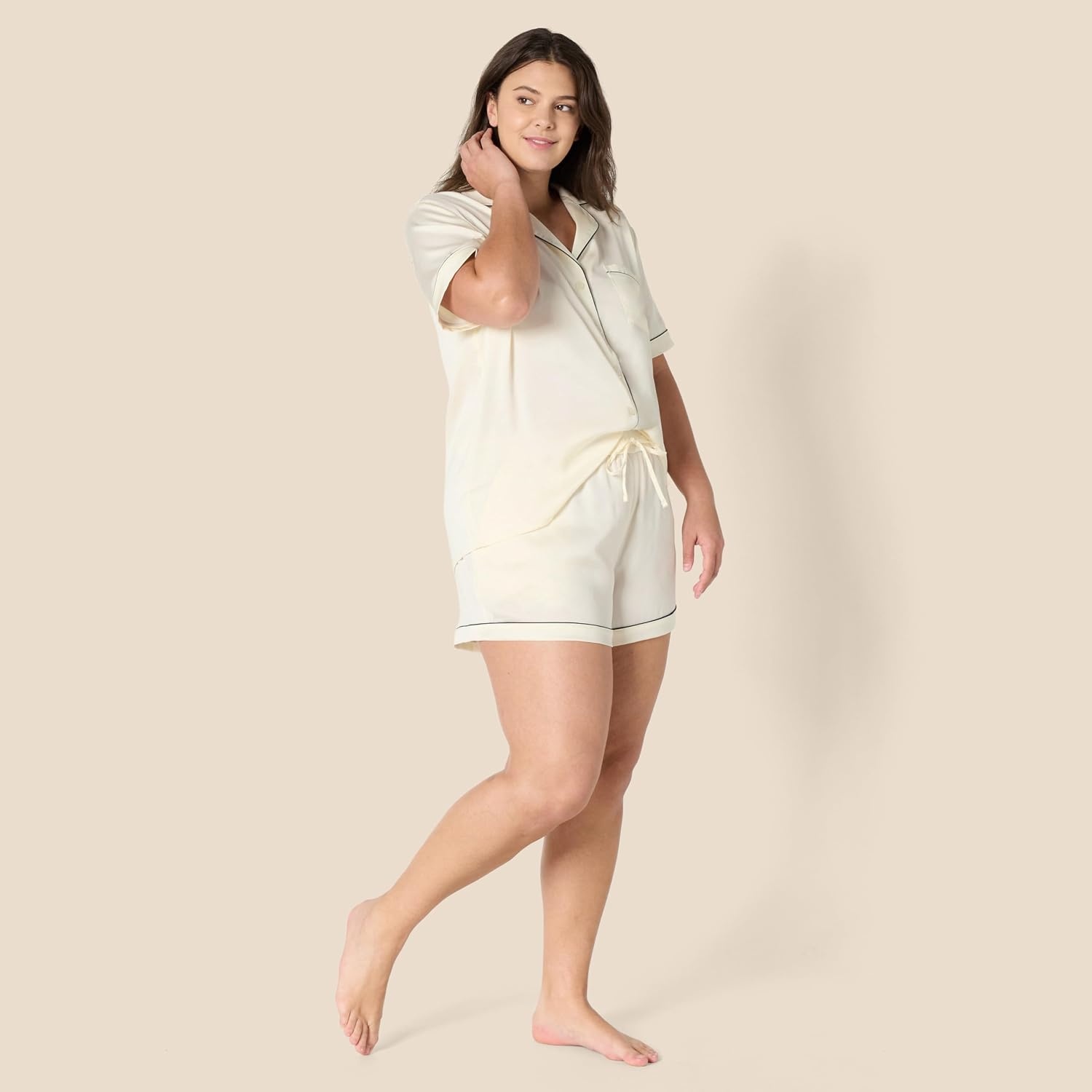 image:imageAmazon Essentials Womens Satin Short Sleeve ButtonDown Top and Short Sleepwear Pajama SetIvory