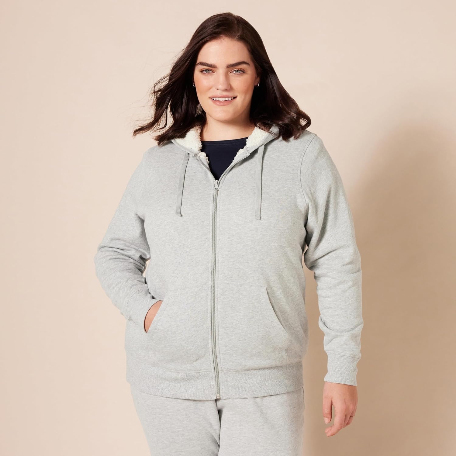 image:imageAmazon Essentials Womens SherpaLined Fleece FullZip Hooded Jacket with Drawstring Available in Plus SizeGrey Heather