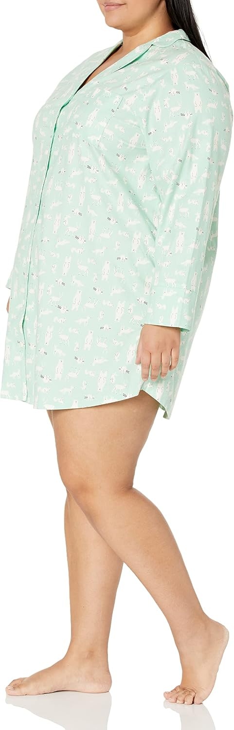 image:imageAmazon Essentials Womens Woven Flannel Notch Collar Nightgown Available in Plus SizeMint Green Forest Animals