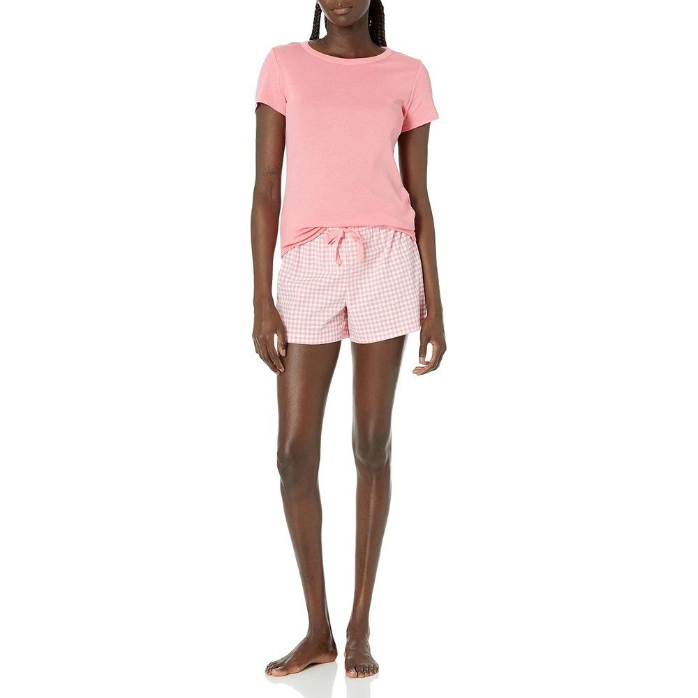 image:imageAmazon Essentials Womens Cotton Poplin Short and Sleep Tee Set Loungewear PajamasCoral Pink Gingham