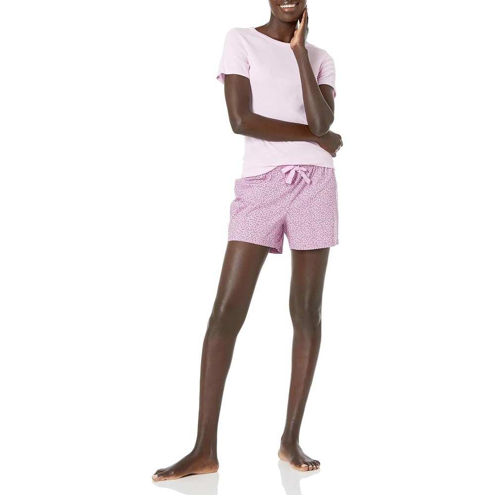 image:imageAmazon Essentials Womens Cotton Poplin Short and Sleep Tee Set Loungewear PajamasLight Pink Mini Cherry Print