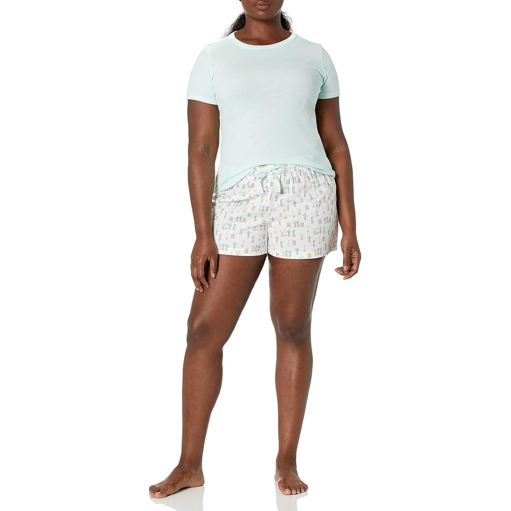 image:imageAmazon Essentials Womens Cotton Poplin Short and Sleep Tee Set Loungewear PajamasMint Green White Cactus