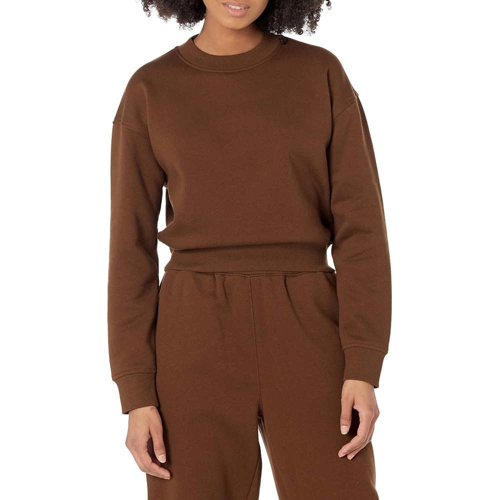 image:imageAmazon Essentials Womens Cropped Drop Shoulder Long Sleeve Sweatshirt Available in Plus SizeDeep Brown