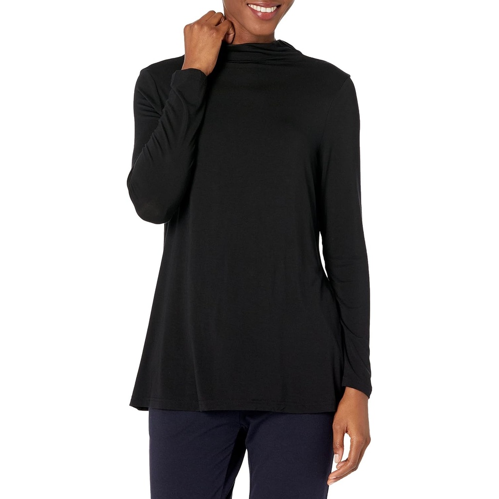 image:imageAmazon Essentials Womens Jersey LongSleeve Mock Neck Swing Tunic Top Relaxed Fit PulloverBlack