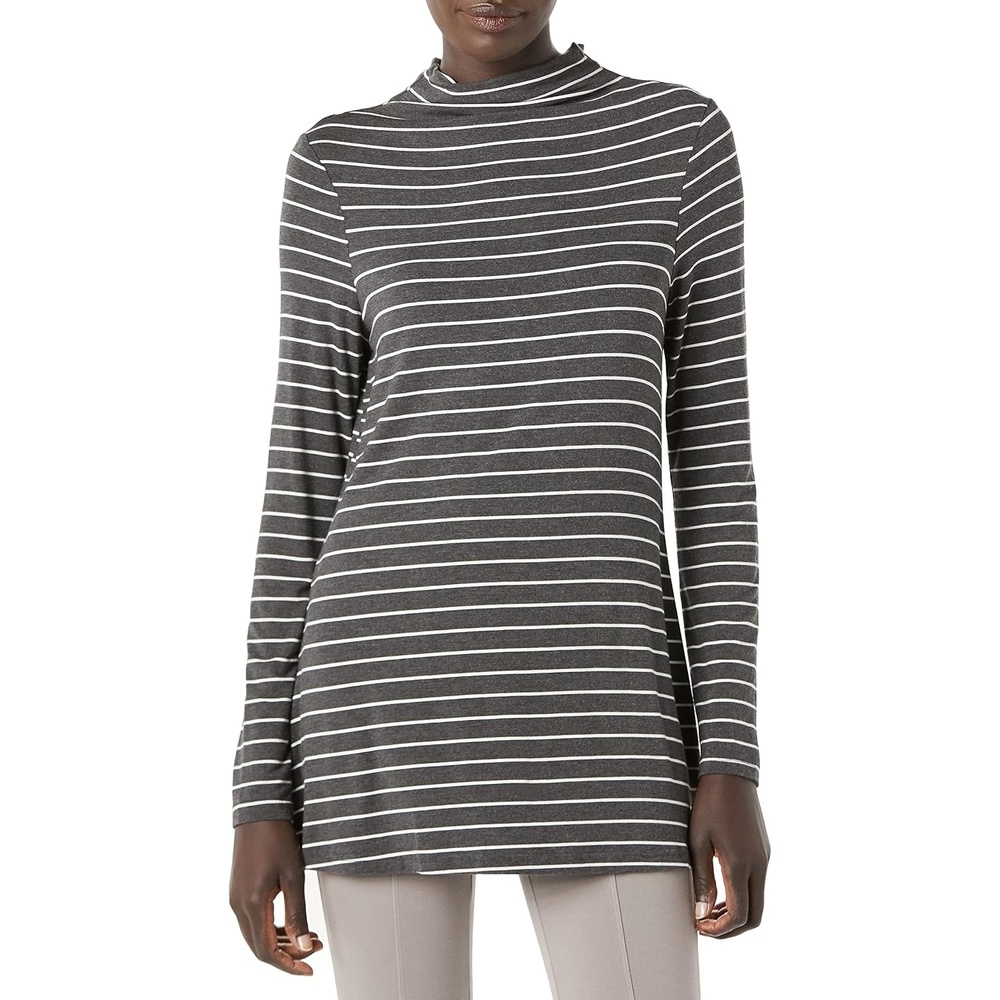 image:imageAmazon Essentials Womens Jersey LongSleeve Mock Neck Swing Tunic Top Relaxed Fit PulloverCharcoal Heather White Stripe