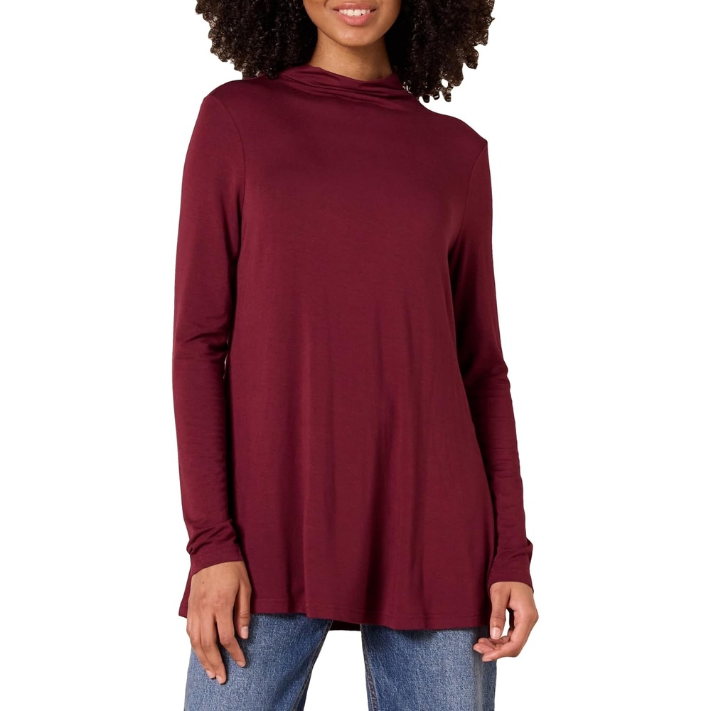 image:imageAmazon Essentials Womens Jersey LongSleeve Mock Neck Swing Tunic Top Relaxed Fit PulloverDark Burgundy