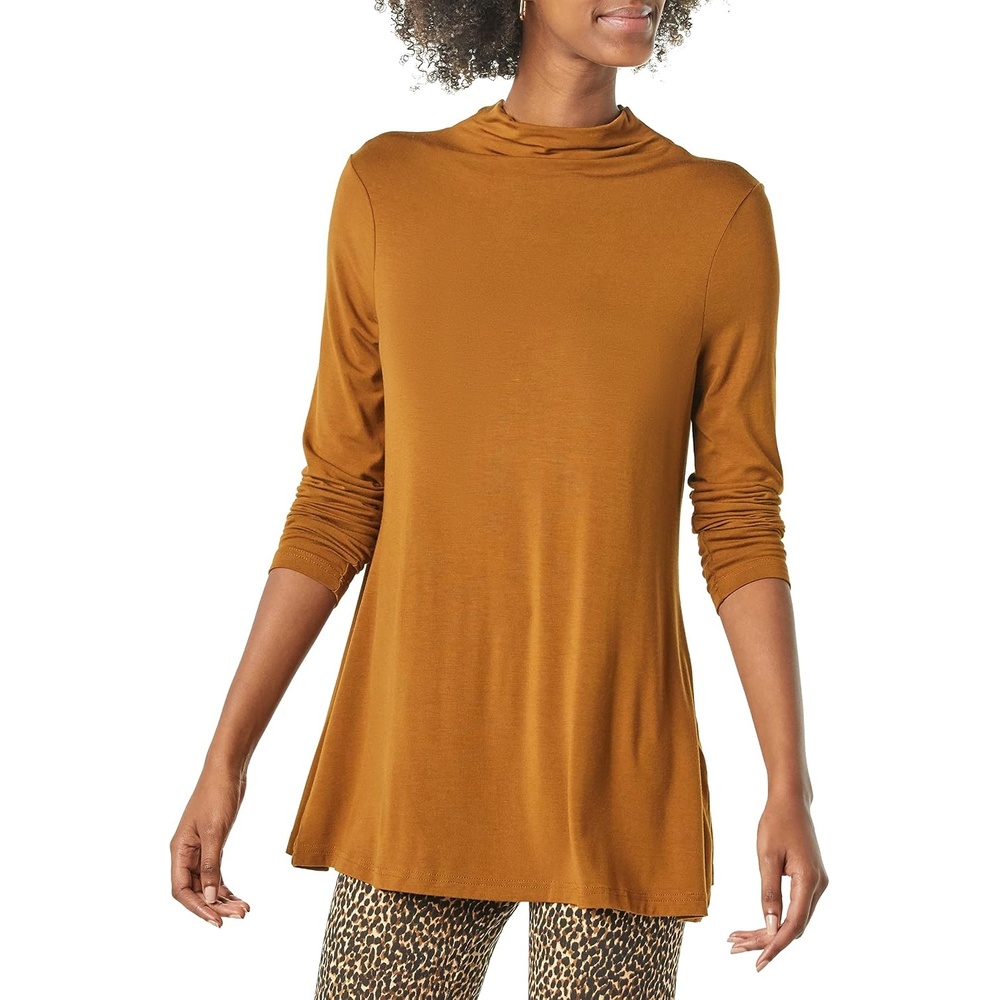 image:imageAmazon Essentials Womens Jersey LongSleeve Mock Neck Swing Tunic Top Relaxed Fit PulloverDark Chestnut Brown