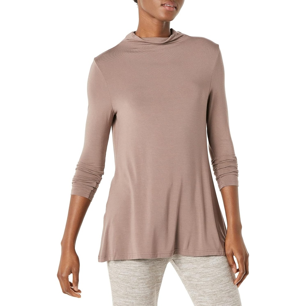 image:imageAmazon Essentials Womens Jersey LongSleeve Mock Neck Swing Tunic Top Relaxed Fit PulloverDark Taupe