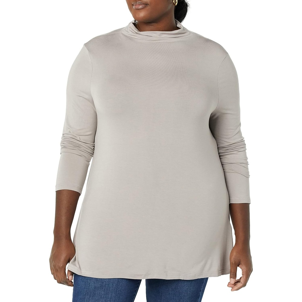 image:imageAmazon Essentials Womens Jersey LongSleeve Mock Neck Swing Tunic Top Relaxed Fit PulloverGrey