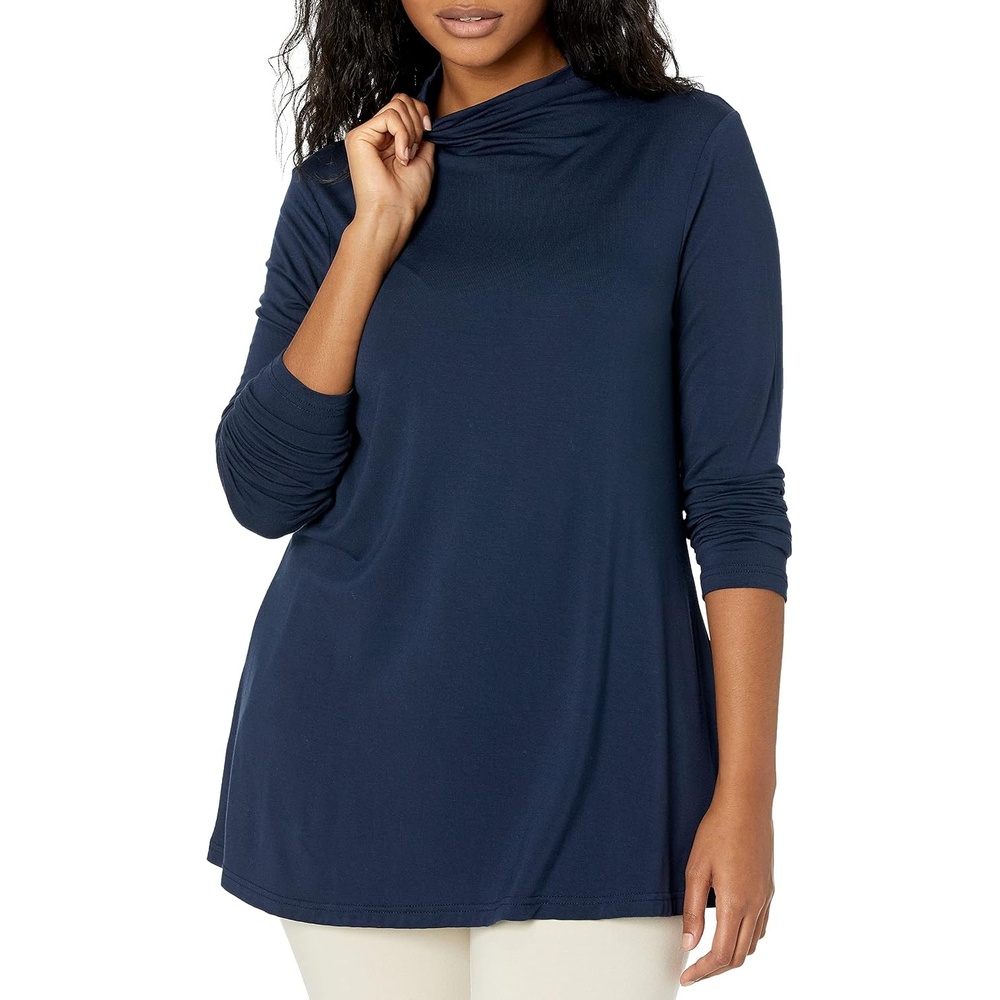 image:imageAmazon Essentials Womens Jersey LongSleeve Mock Neck Swing Tunic Top Relaxed Fit PulloverNavy