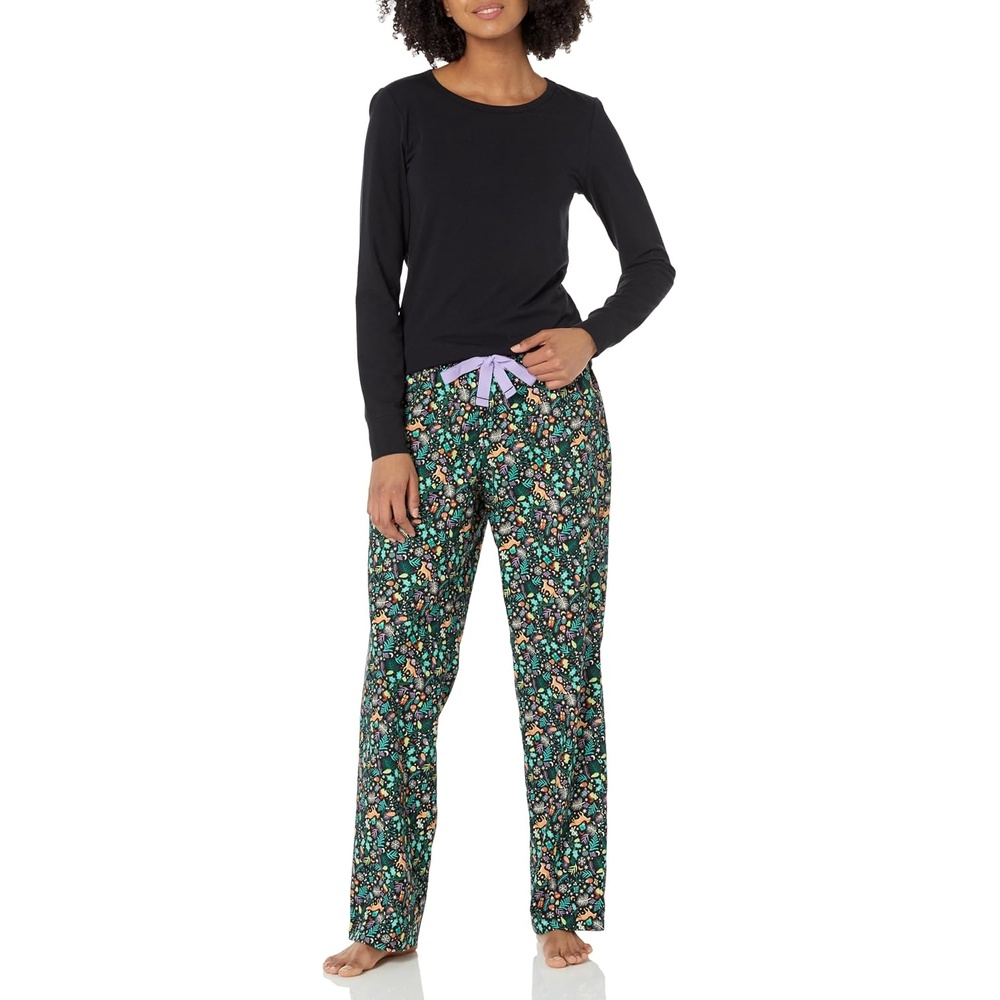image:imageAmazon Essentials Womens Lightweight Soft Flannel Trouser and LongSleeve TShirt Sleep Set Lounge Bottoms Salmon PinkBlack Folkloric