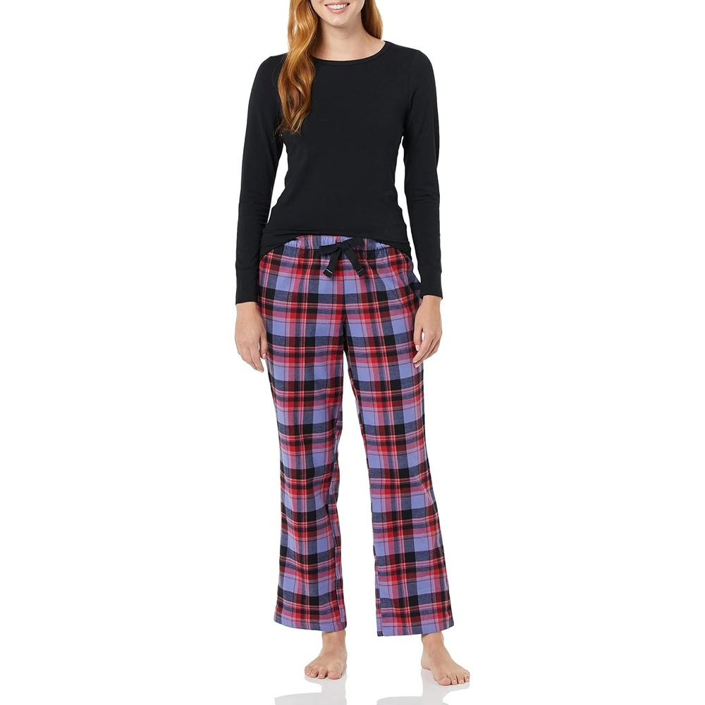 image:imageAmazon Essentials Womens Lightweight Soft Flannel Trouser and LongSleeve TShirt Sleep Set Lounge Bottoms Salmon PinkBlackBlue Mixed Tartan