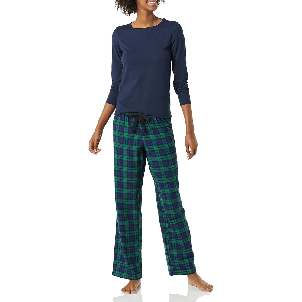 image:imageAmazon Essentials Womens Lightweight Soft Flannel Trouser and LongSleeve TShirt Sleep Set Lounge Bottoms Salmon PinkBlackwatch Tartan Plaid
