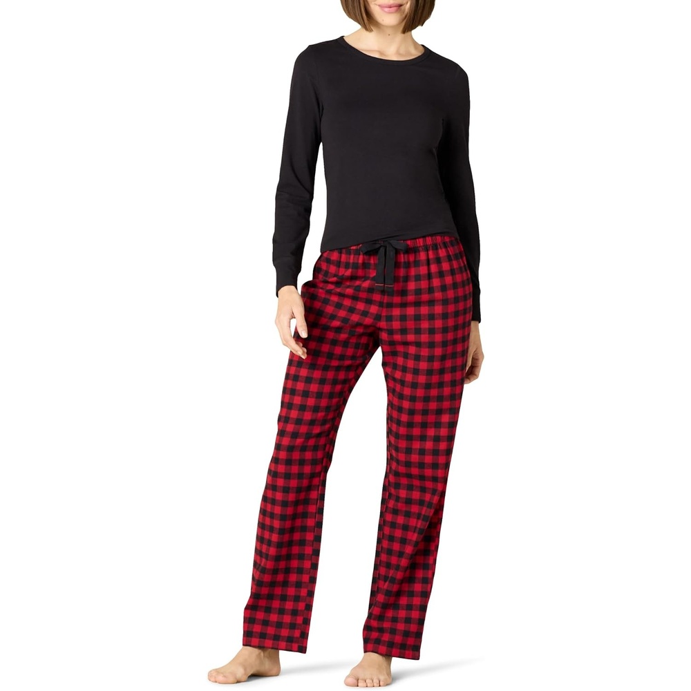 image:imageAmazon Essentials Womens Lightweight Soft Flannel Trouser and LongSleeve TShirt Sleep Set Lounge Bottoms Salmon PinkCherry RedBlack Classic Buffalo Plaid