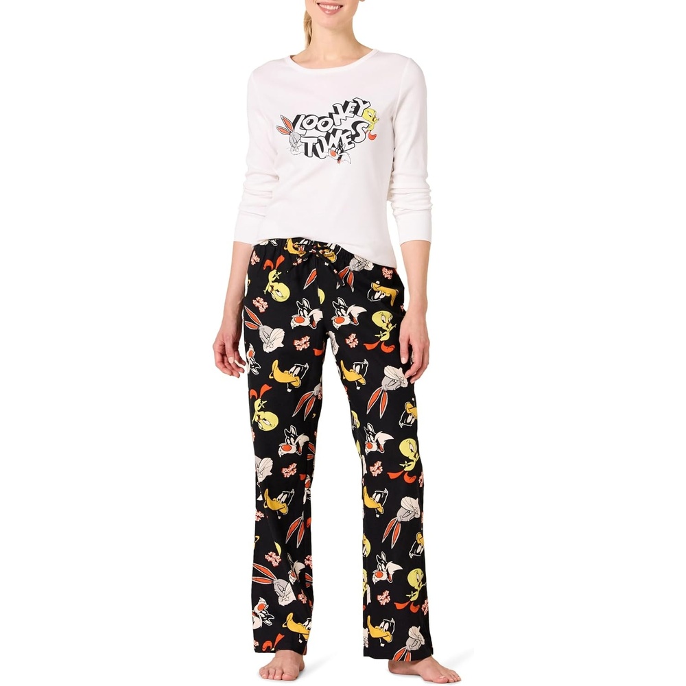 image:imageAmazon Essentials Womens Lightweight Soft Flannel Trouser and LongSleeve TShirt Sleep Set Lounge Bottoms Salmon PinkLooney Tunes Gang Womens