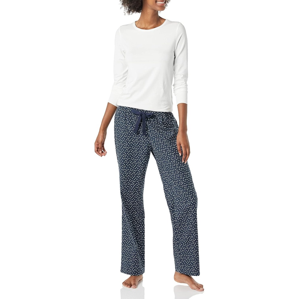 image:imageAmazon Essentials Womens Lightweight Soft Flannel Trouser and LongSleeve TShirt Sleep Set Lounge Bottoms Salmon PinkNavy Dot Print