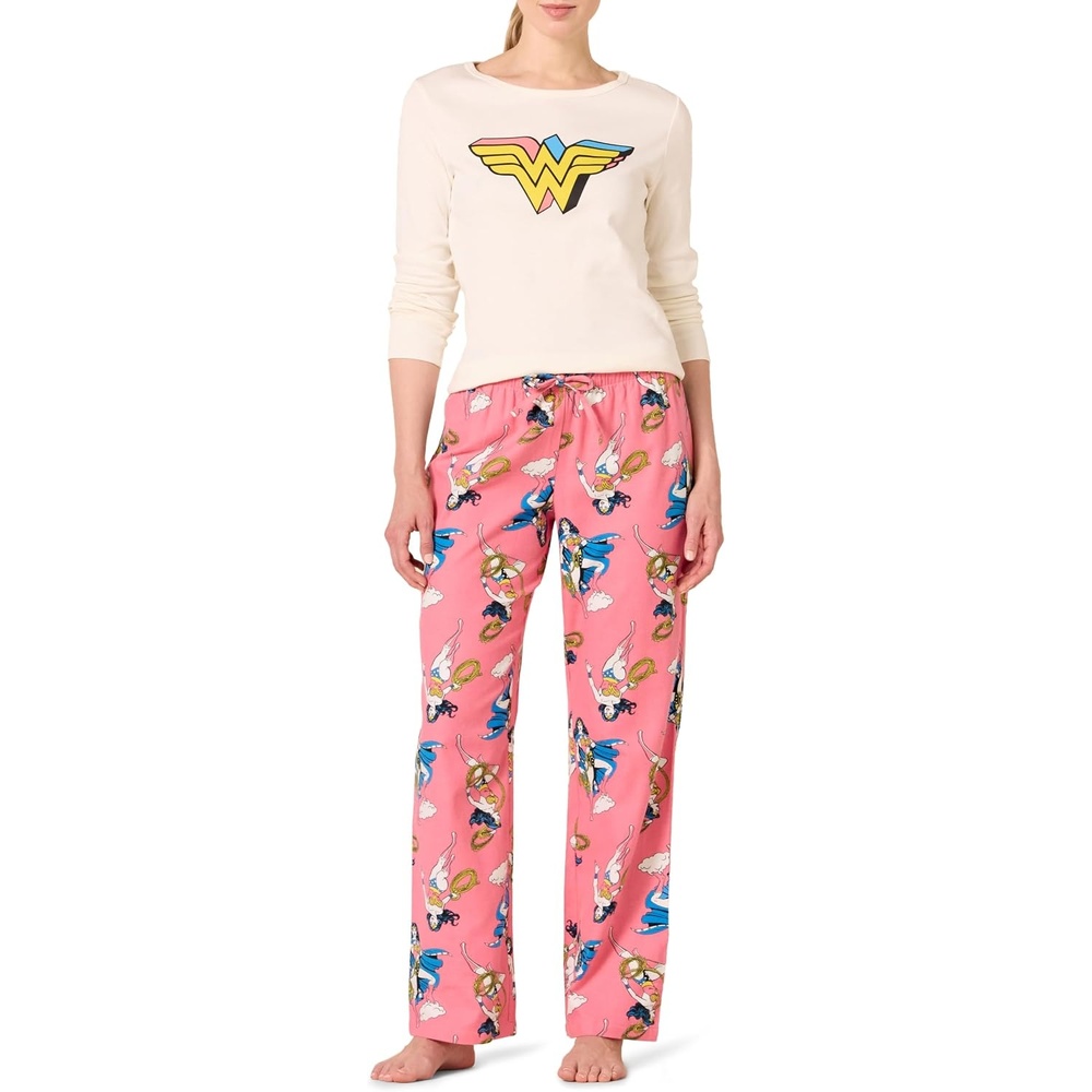 image:imageAmazon Essentials Womens Lightweight Soft Flannel Trouser and LongSleeve TShirt Sleep Set Lounge Bottoms Salmon PinkWonder Woman Poses Womens