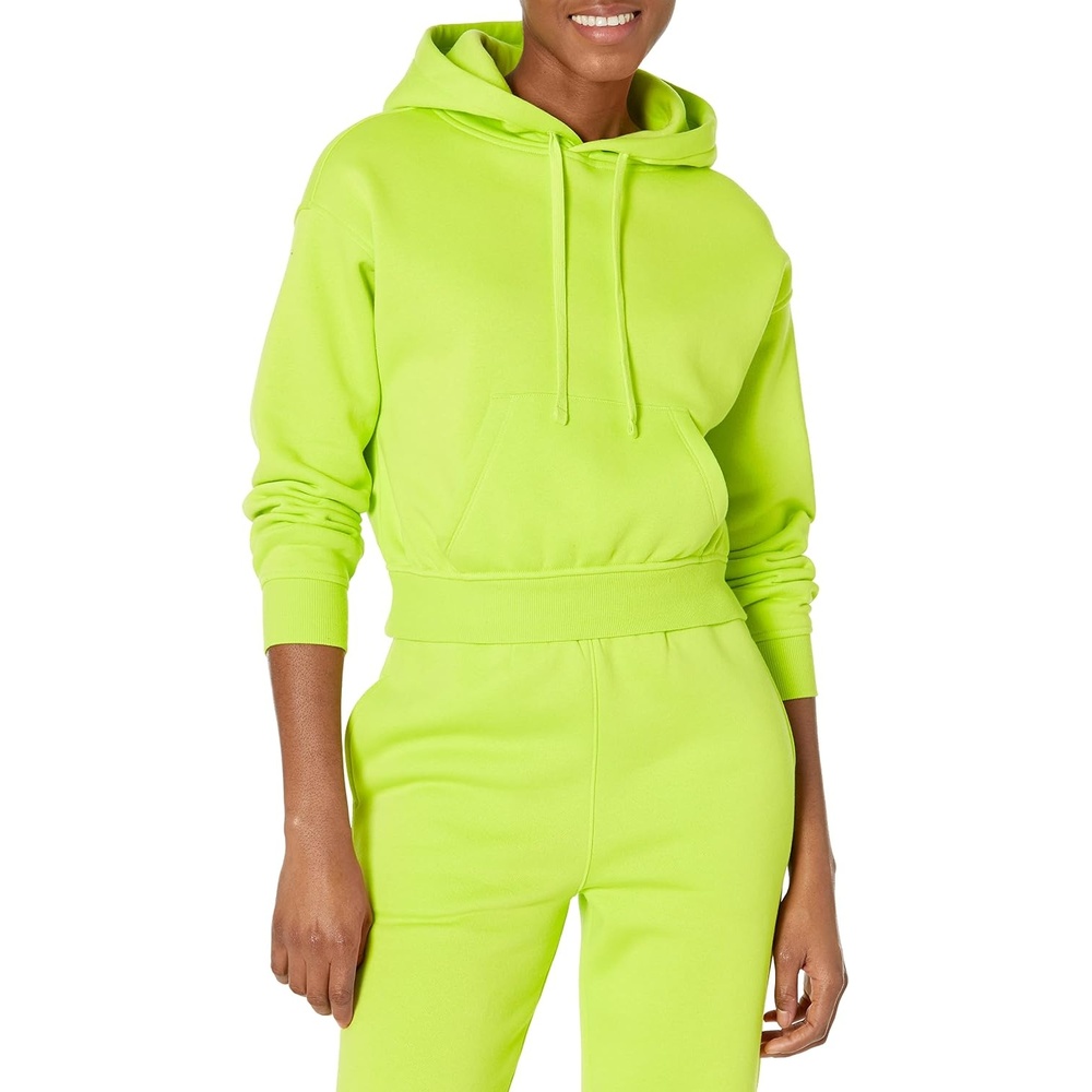 image:imageAmazon Essentials Womens Relaxed Fit Crop Pullover Hoodie Sweatshirt with Drawstring Soft Available in Plus SizeLime Green