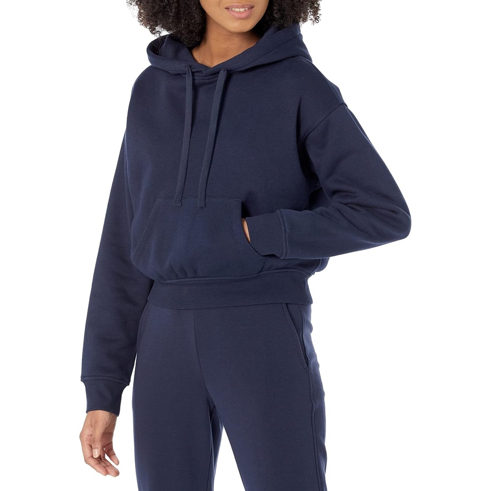 image:imageAmazon Essentials Womens Relaxed Fit Crop Pullover Hoodie Sweatshirt with Drawstring Soft Available in Plus SizeNavy