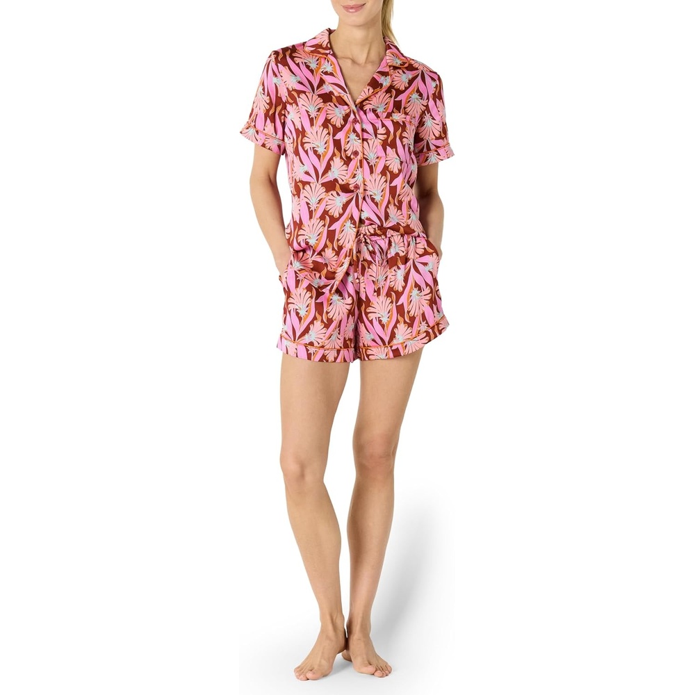 image:imageAmazon Essentials Womens Satin Short Sleeve ButtonDown Top and Short Sleepwear Pajama SetBrick Red Fan Floral