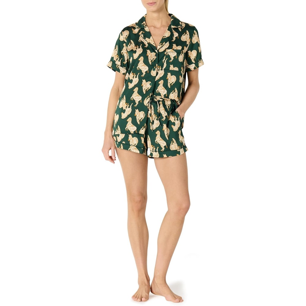image:imageAmazon Essentials Womens Satin Short Sleeve ButtonDown Top and Short Sleepwear Pajama SetDark Green Beige Zebras