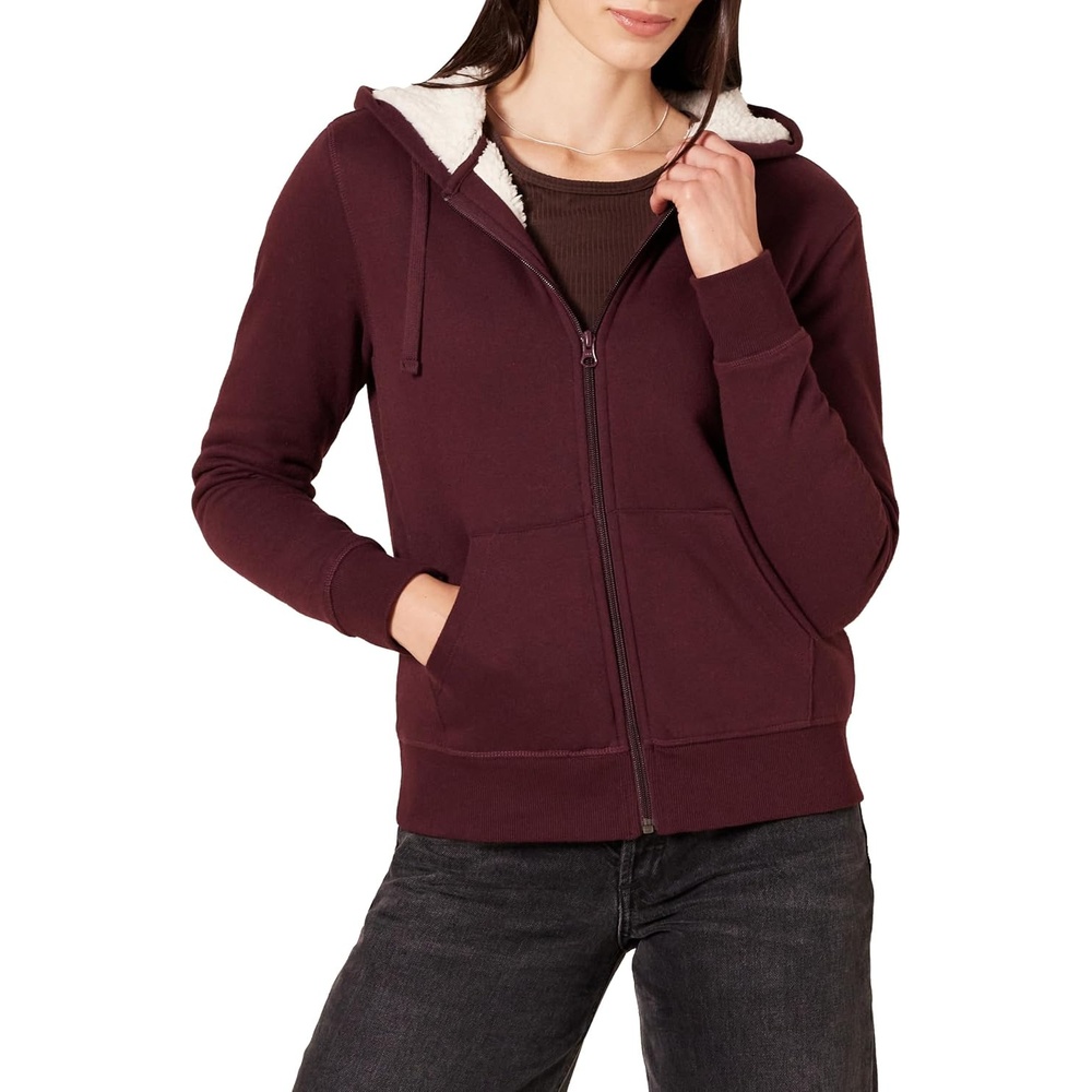 image:imageAmazon Essentials Womens SherpaLined Fleece FullZip Hooded Jacket with Drawstring Available in Plus SizeBurgundy