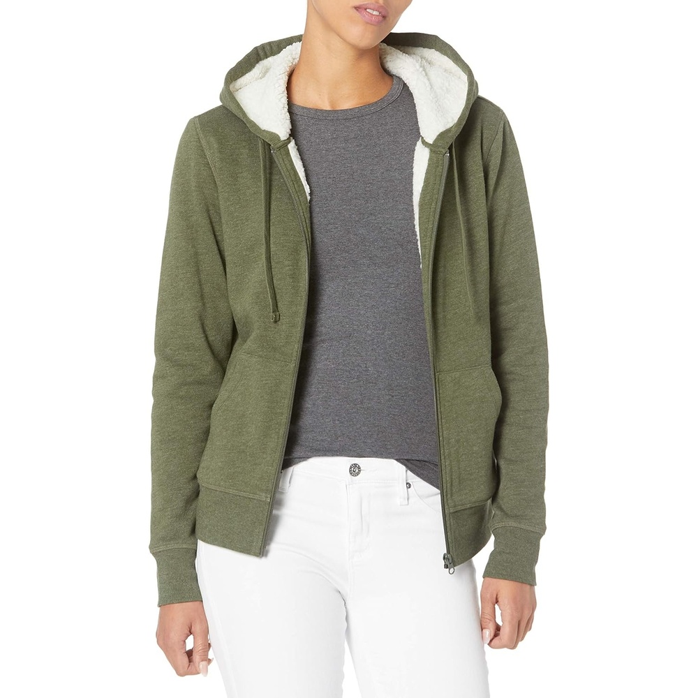 image:imageAmazon Essentials Womens SherpaLined Fleece FullZip Hooded Jacket with Drawstring Available in Plus SizeOlive Heather