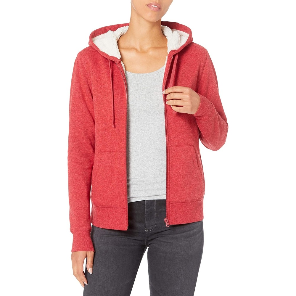 image:imageAmazon Essentials Womens SherpaLined Fleece FullZip Hooded Jacket with Drawstring Available in Plus SizeRed Heather