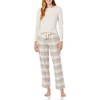 Amazon Essentials Women’s Lightweight Soft Flannel Trouser and Long-Sleeve T-Shirt Sleep Set, Lounge Bottoms, Salmon Pink(Dusty Blue Mix Plaid/Oatmeal Heather)